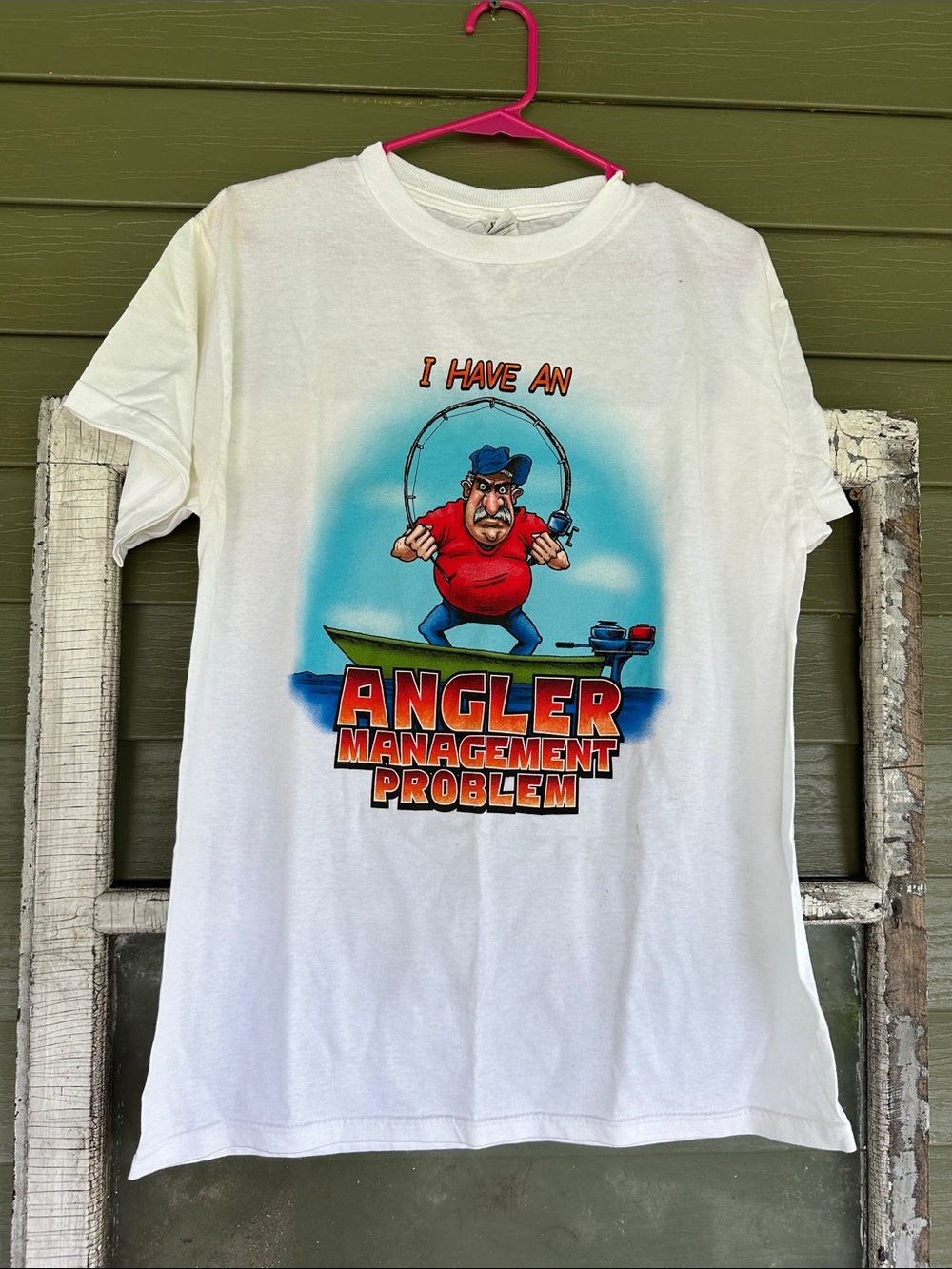 Delta White Graphic Tee with Red & Blue Angler Design